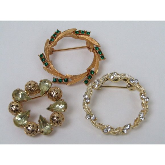 Lot 3 Rhinestone Wreath Circle Brooch Signed Gerrys Vintage - Picture 1 of 9